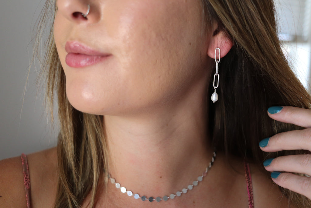Freshwater Pearl Paperclip Chain Stud Earrings 2