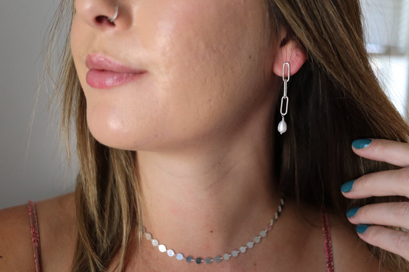 Freshwater Pearl Paperclip Chain Stud Earrings 2