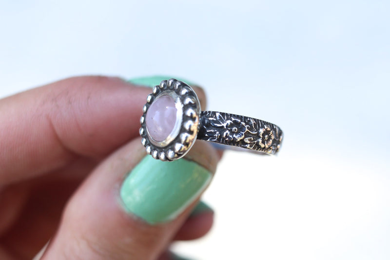 Size 9 Rose Quartz Floral Band Ring