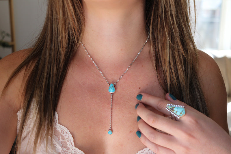 White Water Turquoise Lariat Necklace (16 inch chain)
