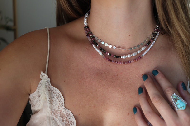 Tourmaline x Pearls Beaded Necklace (16 inches + 2 inch chain extender)