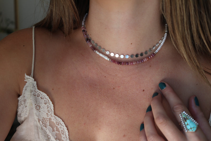 Pink Tourmaline x Pearls Beaded Necklace (16 inches + 2 inch chain extender)