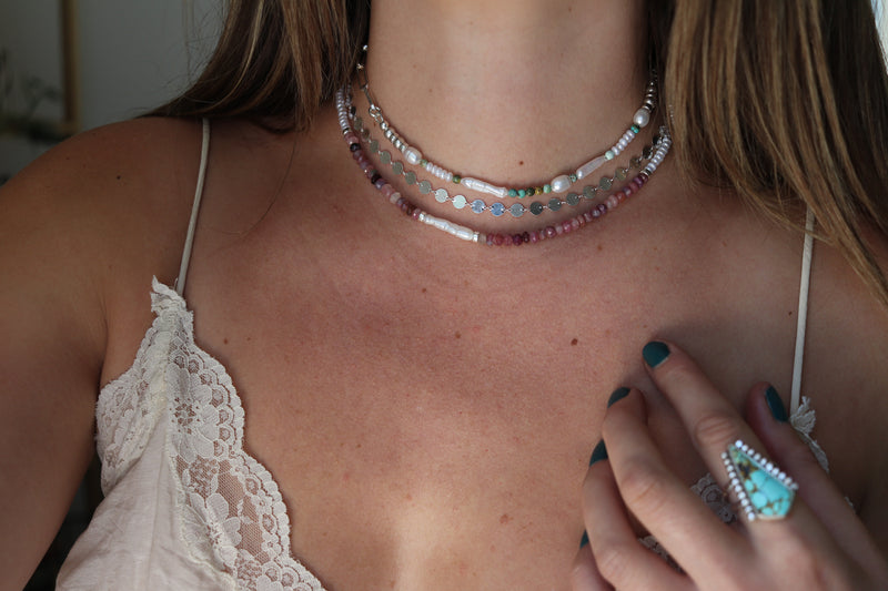 Pink Tourmaline x Pearls Beaded Necklace (16 inches + 2 inch chain extender)