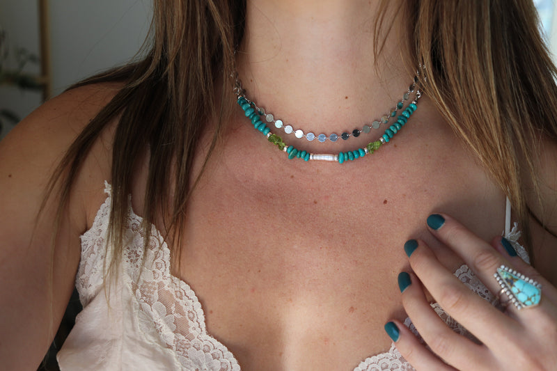 Pearl x Fox Turquoise x Peridot Beaded Necklace (16 inches)