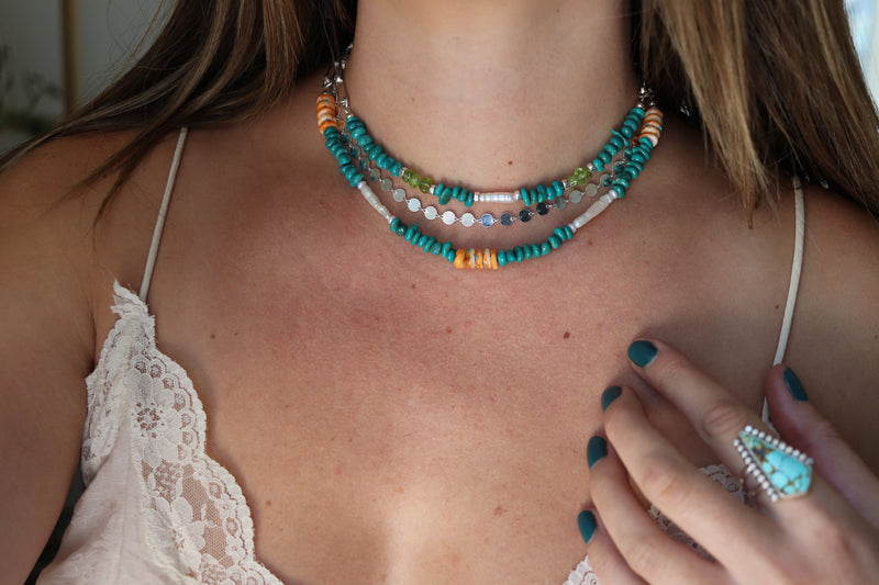 Pearl x Fox Turquoise x Peridot Beaded Necklace (16 inches)