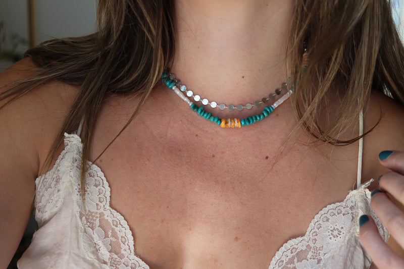 Spiny Oyster x Fox Turquoise x Pearls Beaded Necklace (18 inches)