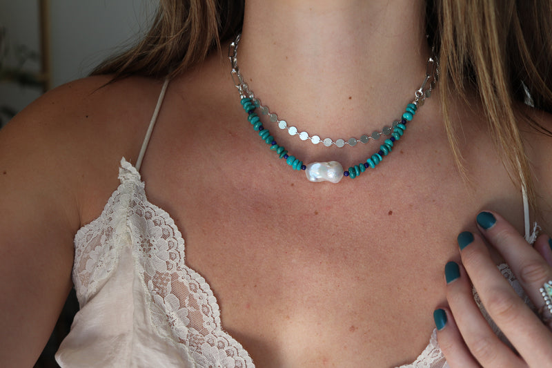 Pearl x Lapis x Fox Turquoise Beaded Necklace (16 inches)