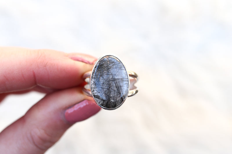 Size 11 Black Tourmaline in Quartz Ring