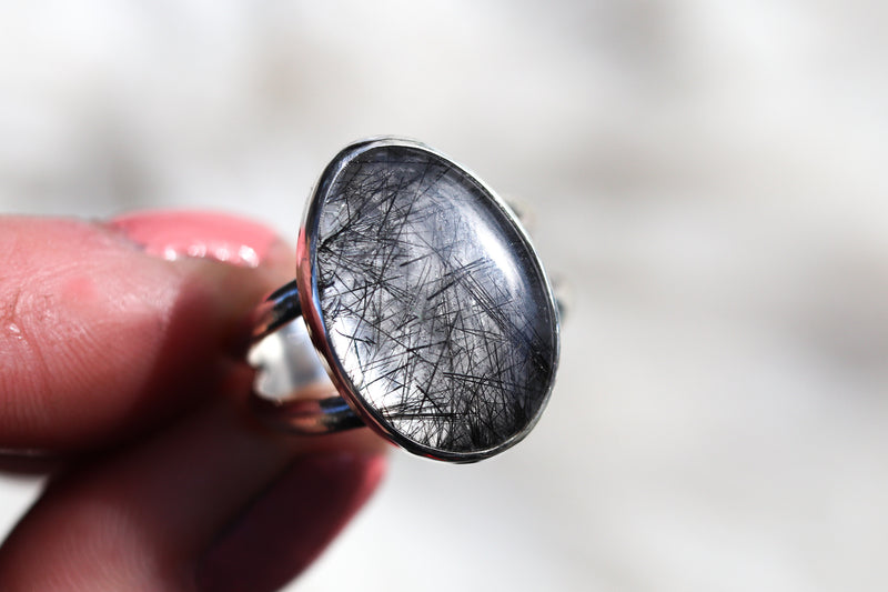 Size 11 Black Tourmaline in Quartz Ring