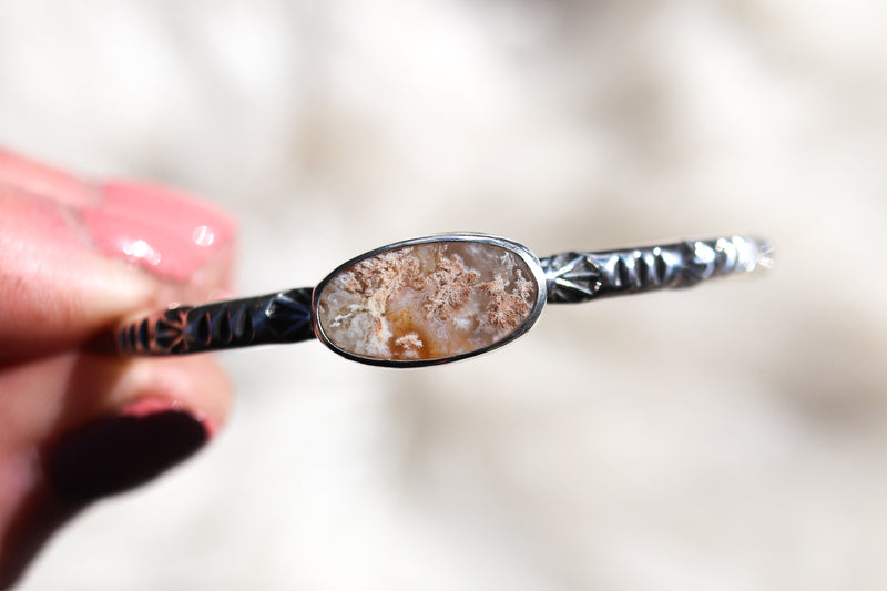 Graveyard Point Plume Agate Stamped Cuff (6 inches)