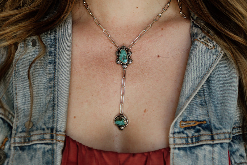 Double Sonoran Gold Turquoise Lariat Necklace