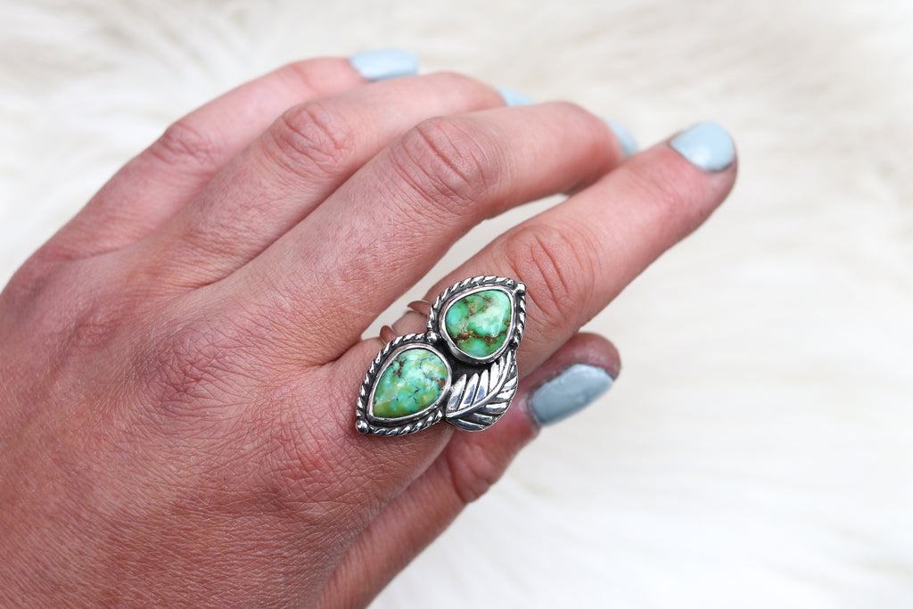 Size 8 Double Sonoran Gold Turquoise Leaf Ring