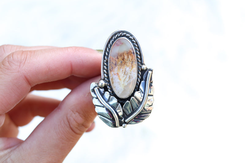 Size 6 Regency Rose Plume Agate Leaf Ring