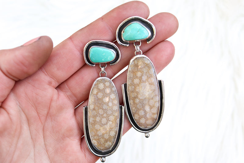 Pilot Mountain Turquoise x Fossilized Coral Stud Earrings