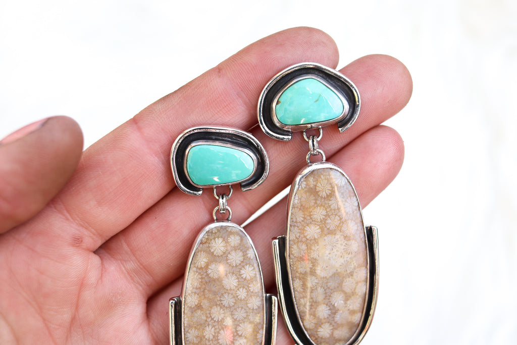 Pilot Mountain Turquoise x Fossilized Coral Stud Earrings