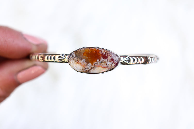 Graveyard Point Plume Agate Stamped Cuff (6 inches)