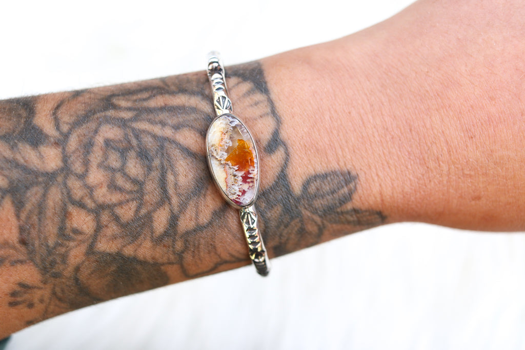 Graveyard Point Plume Agate Stamped Cuff (6 inches)