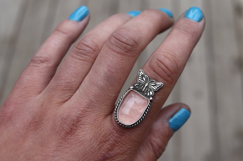 Rose Quartz Butterfly Ring - Finish In Your Size
