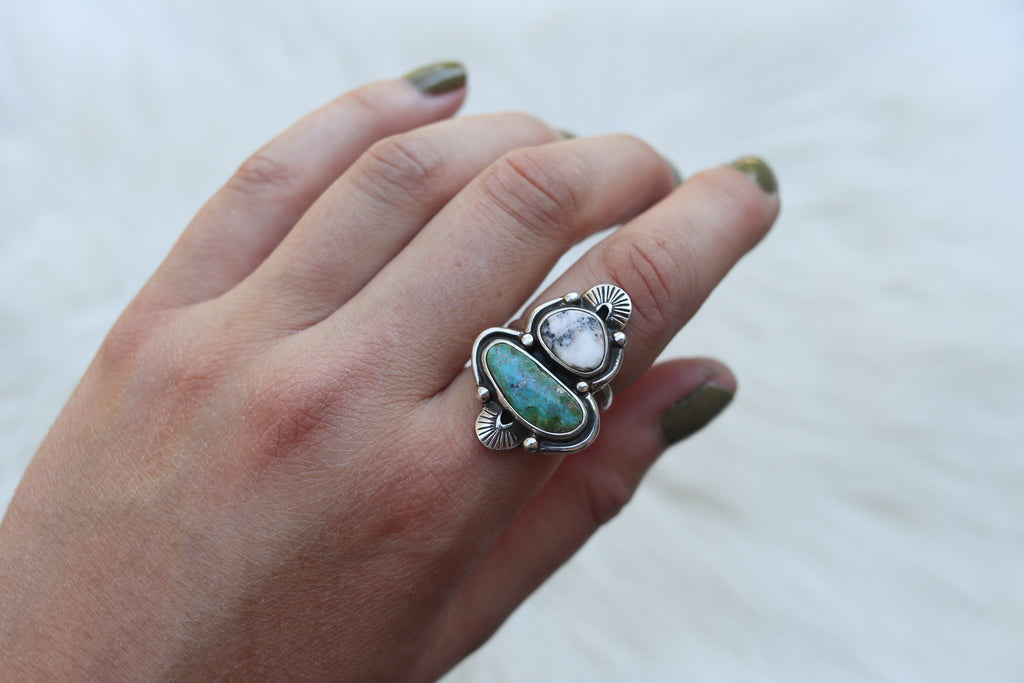Size 8 White Buffalo x Sonoran Gold Turquoise Ring
