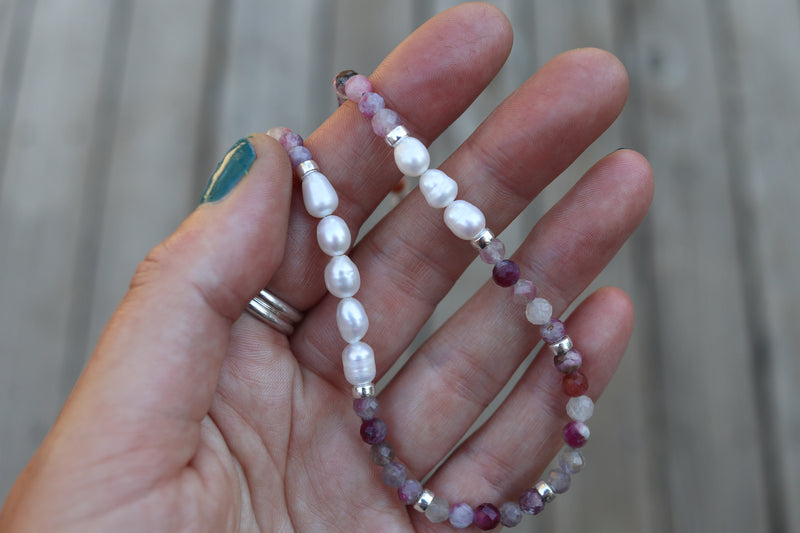 Pink Tourmaline x Freshwater Pearls Beaded Necklace (16 inches + 2 inch chain extender)
