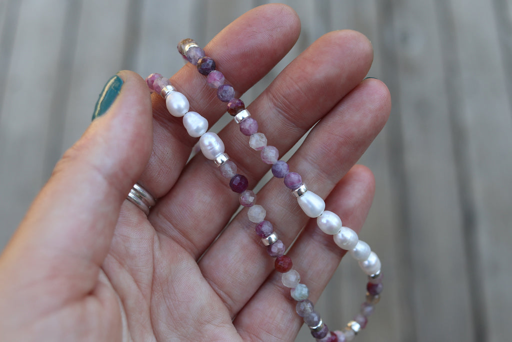 Pink Tourmaline x Freshwater Pearls Beaded Necklace (16 inches + 2 inch chain extender)