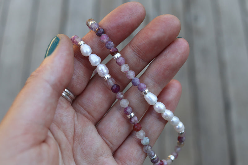 Pink Tourmaline x Freshwater Pearls Beaded Necklace (16 inches + 2 inch chain extender)