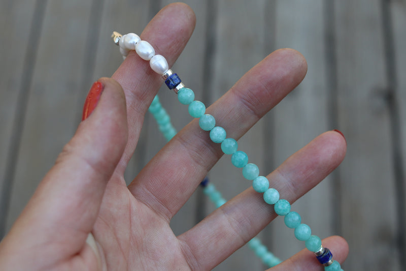 Amazonite x Turquoise Beaded Necklace (16 inches + 2 inch chain extender)
