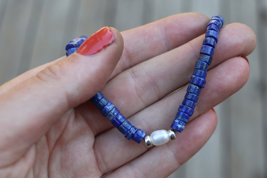 Lapis x Freshwater Pearl Beaded Necklace (15 inches + 1.5 inch chain extender)
