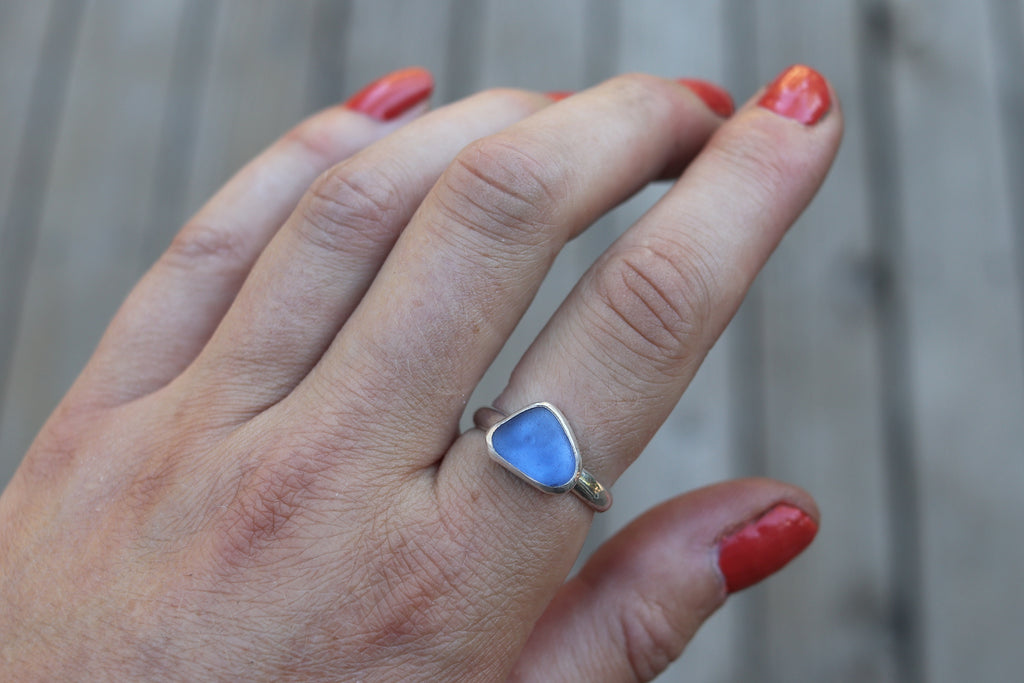 Size 9 Dark Blue Sea Glass Ring