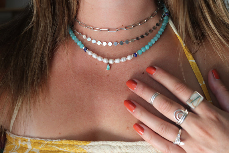 Amazonite x Turquoise Beaded Necklace (16 inches + 2 inch chain extender)