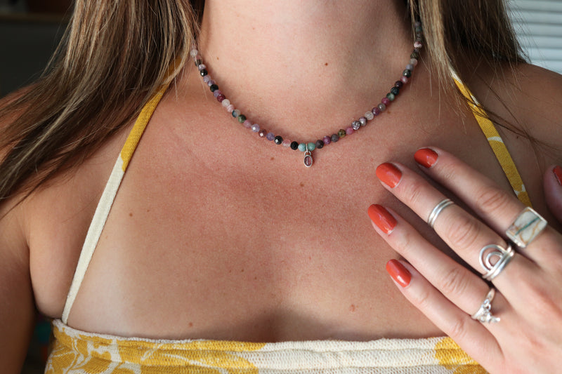 Tourmaline Beaded Necklace (16 inches + 2 inch chain extender)