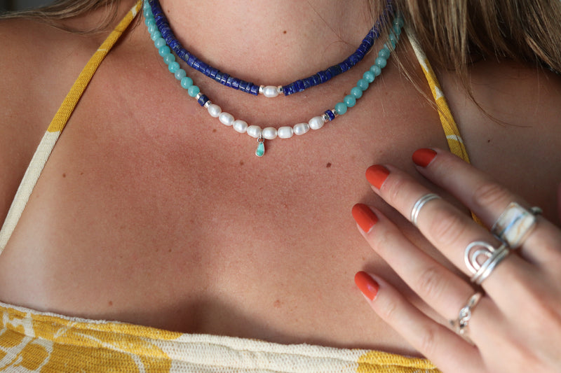 Amazonite x Turquoise Beaded Necklace (16 inches + 2 inch chain extender)