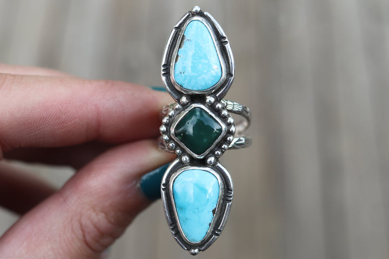 Size 8 White Water x Royston Turquoise Ring