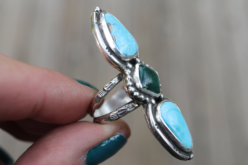 Size 8 White Water x Royston Turquoise Ring