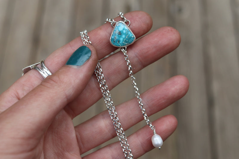 White Water Turquoise x Pearl Lariat Necklace (18 inch chain)