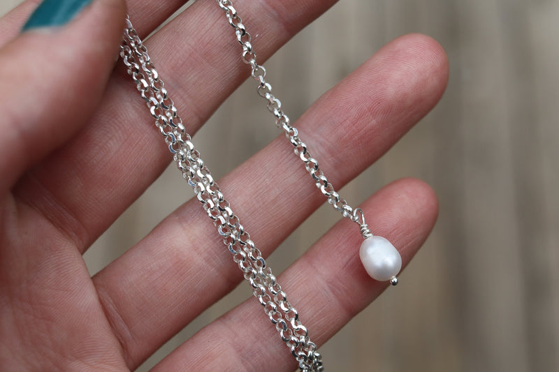 White Water Turquoise x Pearl Lariat Necklace (18 inch chain)