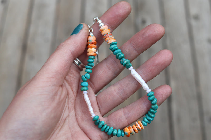 Spiny Oyster x Fox Turquoise x Pearls Beaded Necklace (18 inches)