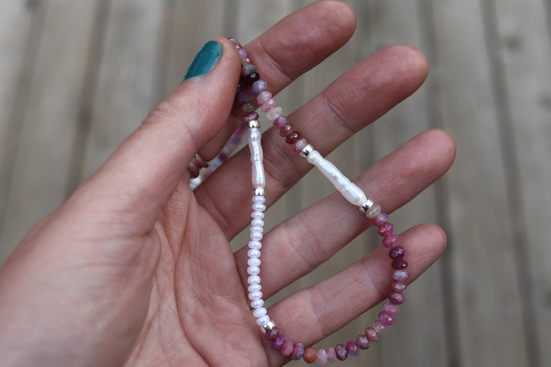 Pink Tourmaline x Pearls Beaded Necklace (16 inches + 2 inch chain extender)