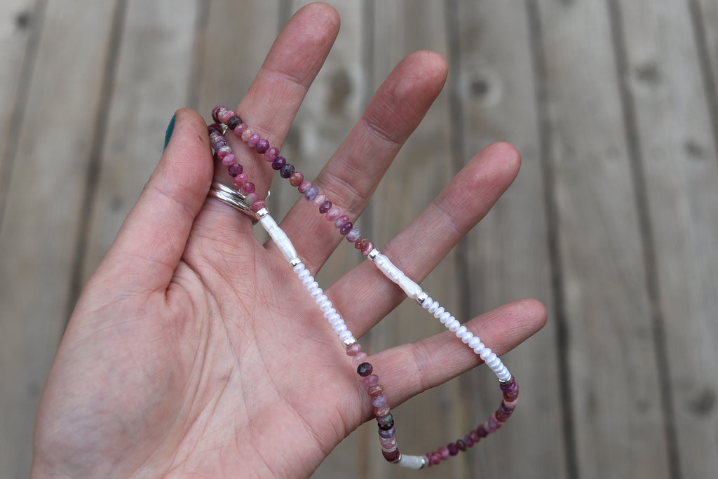 Pink Tourmaline x Pearls Beaded Necklace (16 inches + 2 inch chain extender)