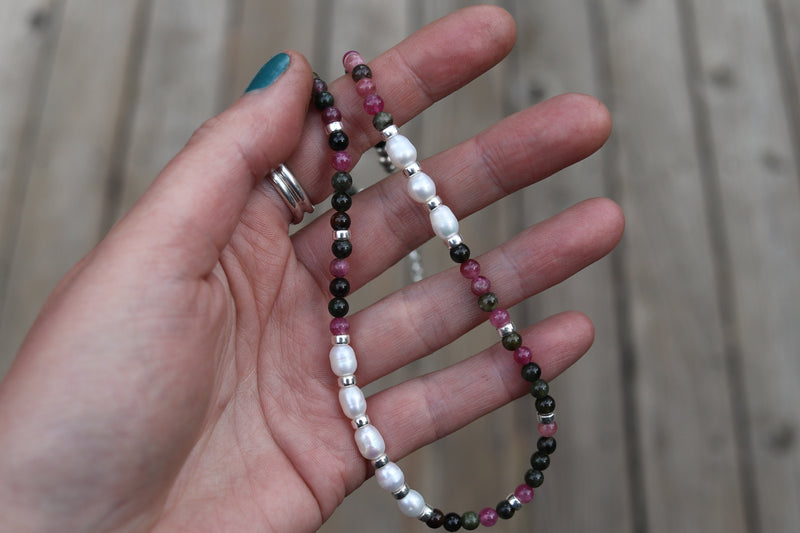 Tourmaline x Pearls Beaded Necklace (16 inches + 2 inch chain extender)
