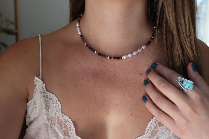 Tourmaline x Pearls Beaded Necklace (16 inches + 2 inch chain extender)